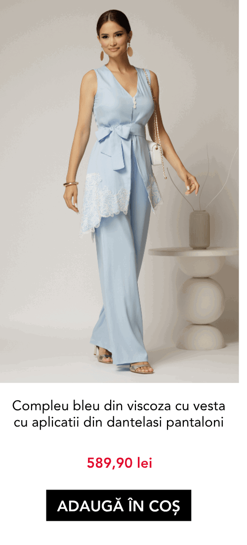 Compleu bleu din viscoza cu vesta cu aplicatii din dantelasi pantaloni