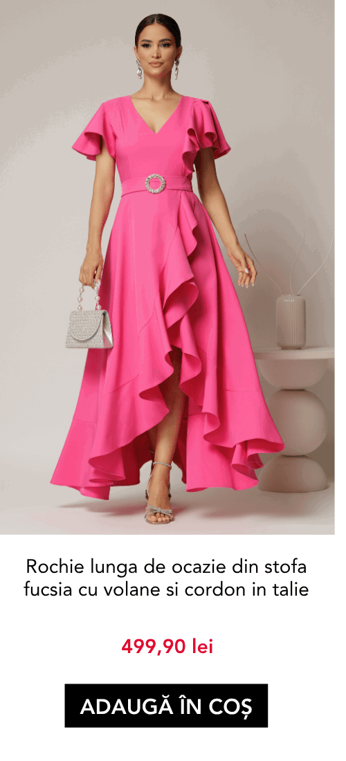 Rochie lunga de ocazie din stofa fucsia cu volane si cordon in talie