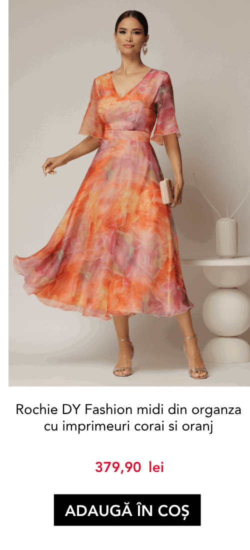 Rochie DY Fashion midi din organza cu imprimeuri corai si oranj