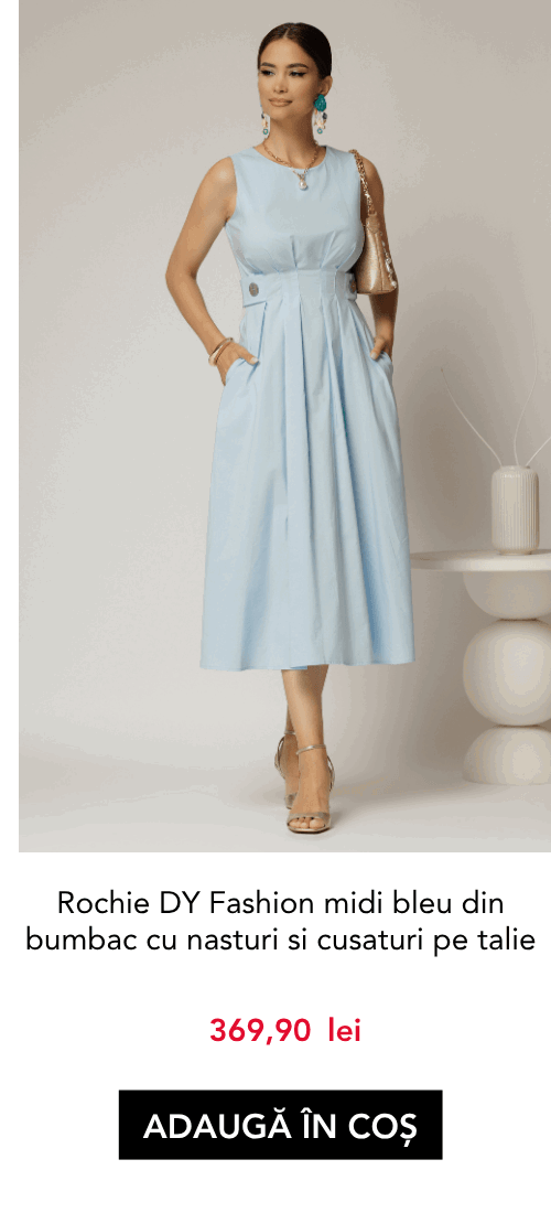 Rochie DY Fashion midi bleu din bumbac cu nasturi si cusaturi pe talie