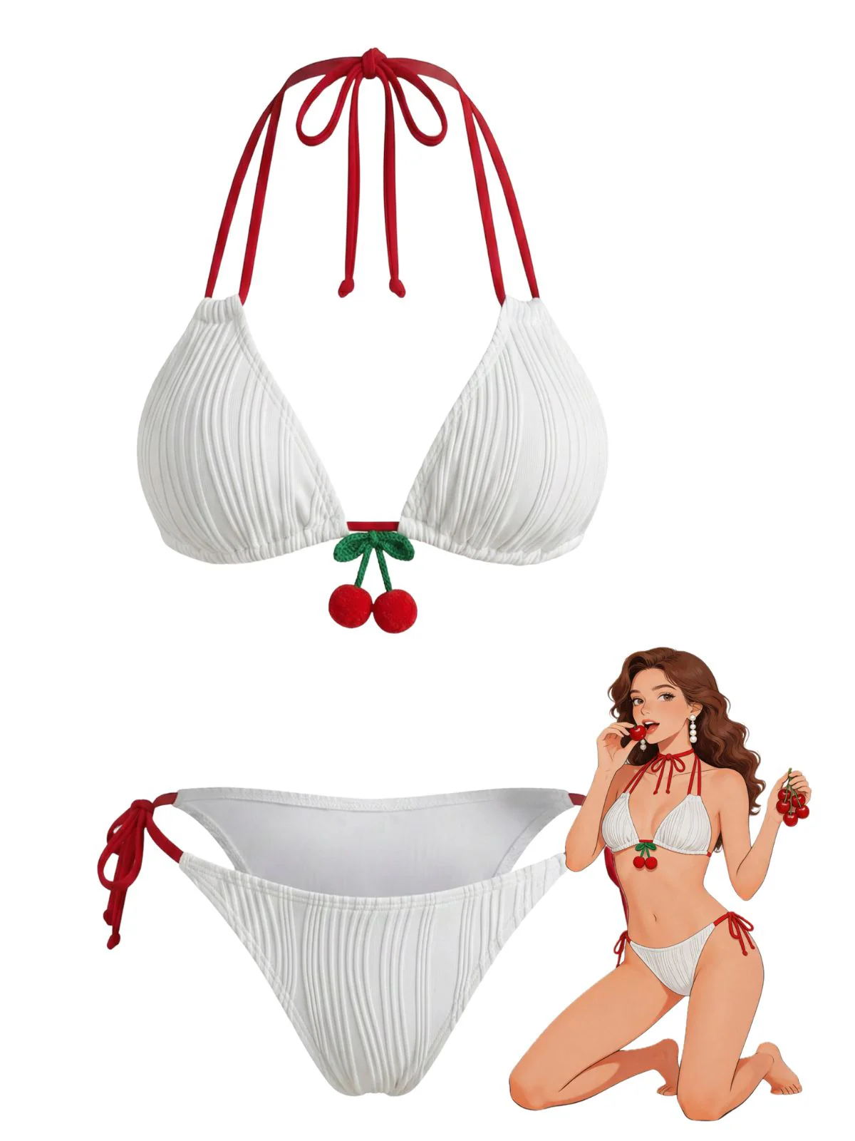 White 1950s Cherry Halter Tie-Side Ribbed Bikini Set