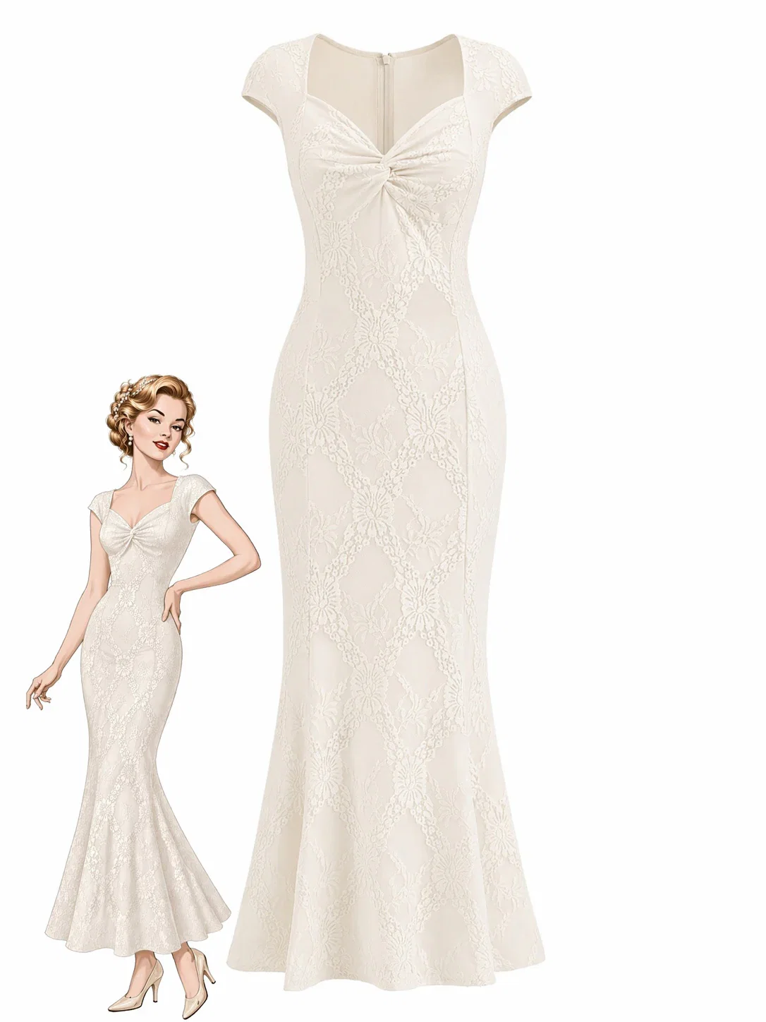 [Pre-Sale] Cream 1930s Lace Cap Sleeve Mermaid Dress