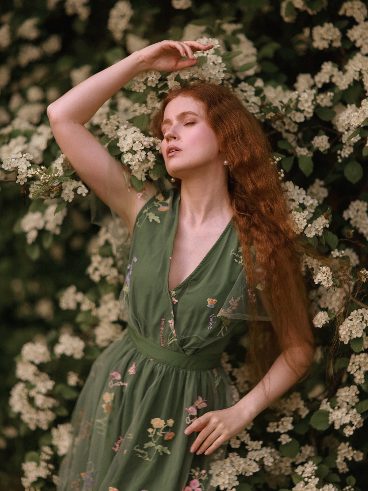 Green 1950s Floral Puff Sleeve Mesh Embroidered Dress