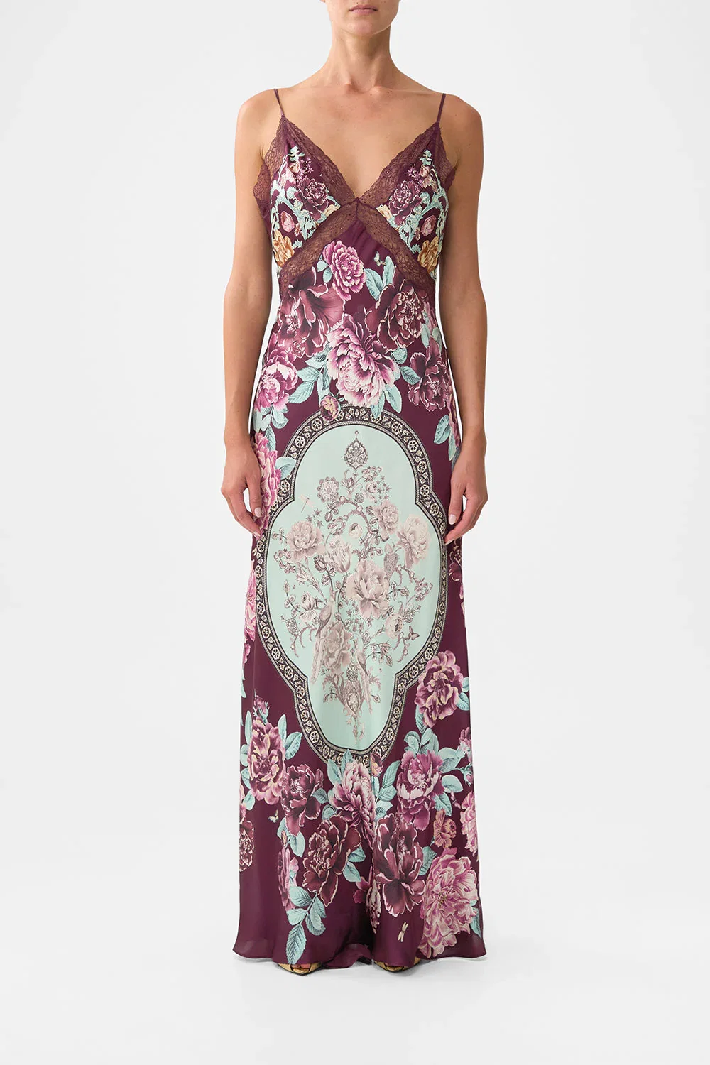 Image of V-NECK LONG BIAS SLIP DRESS WITH TRAIN IF THESE TILES COULD TALK