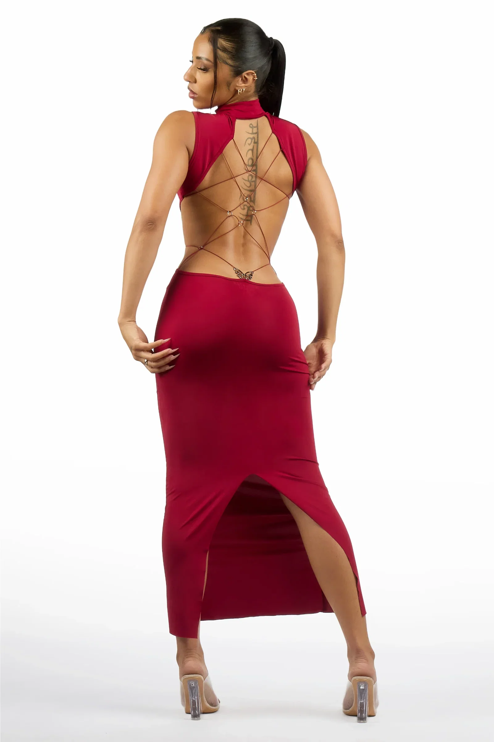 Image of Lo-Fly Butterfly Back Burgundy Maxi Dress