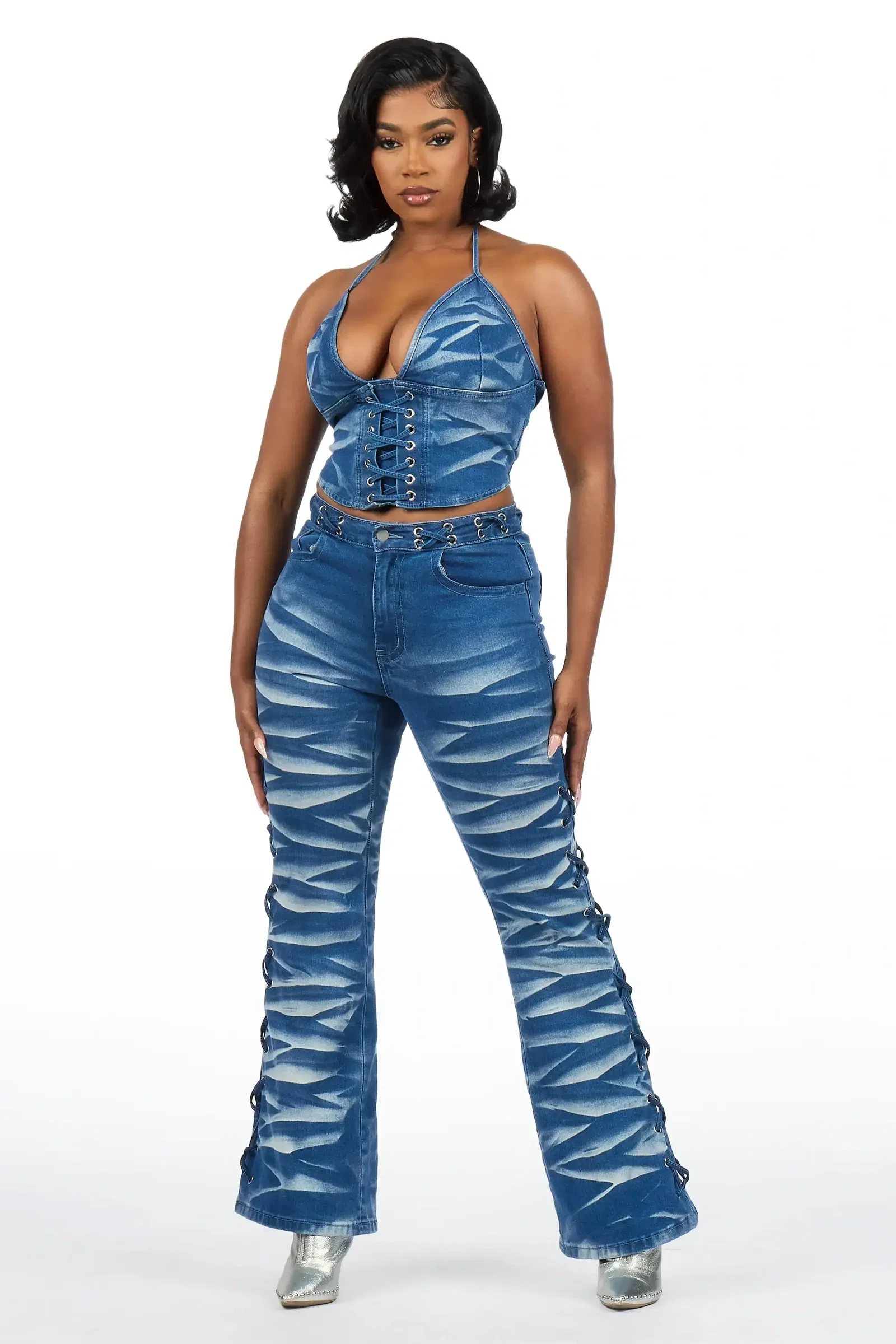 Image of Suleah Blue Lace Up Denim Set