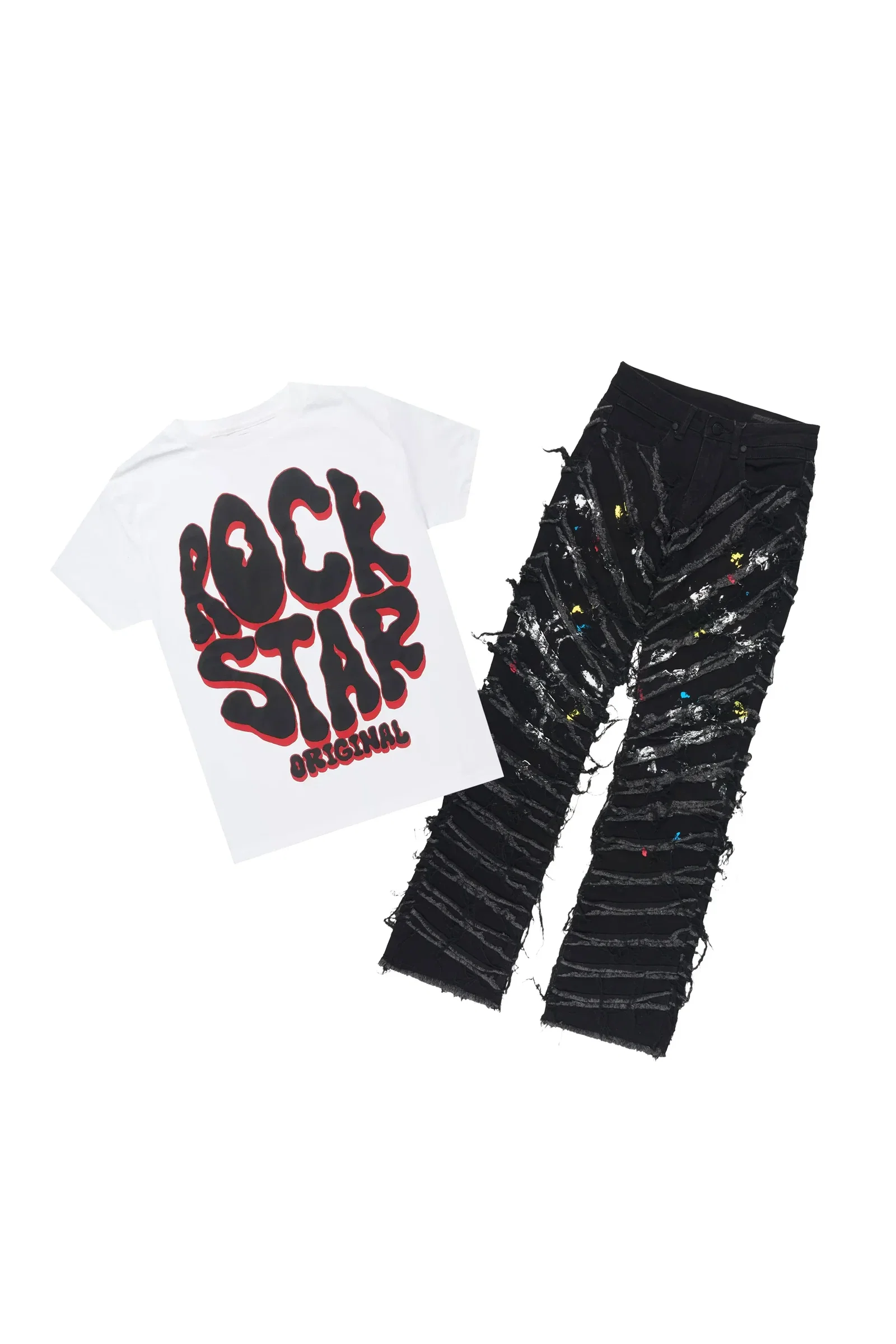 Image of Boys Brachy White/Black T-Shirt/Stacked Painter Jean Set