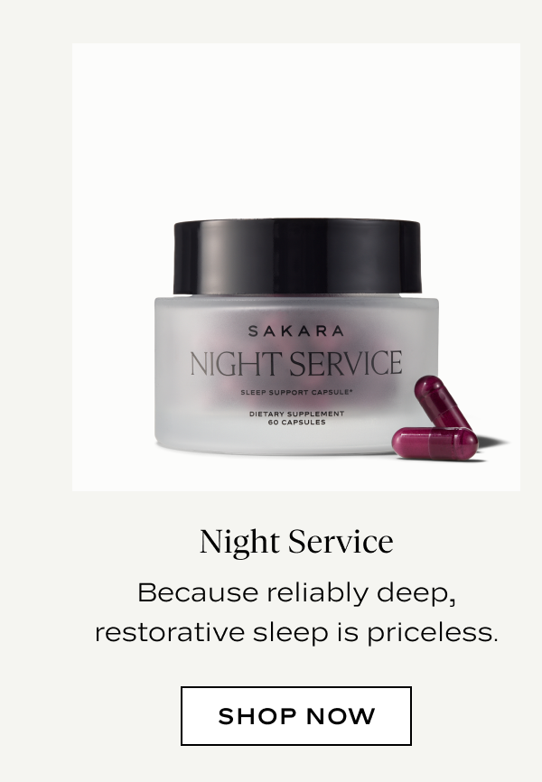Frosted Sakara Night Service jar with two berry-colored capsules, "Because reliably deep, restorative sleep is priceless," with a Shop Now button