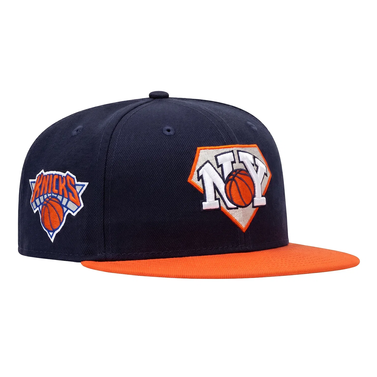 Image of Pre-Order New Era 59Fifty New York Knicks Tri Logo Patch Hat - Navy, Orange