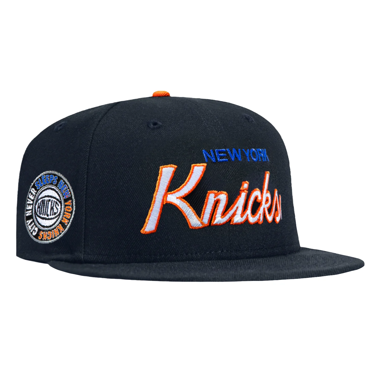 Image of Pre-Order New Era 59Fifty New York Knicks City Never Sleeps Patch Script Hat - Navy, Orange