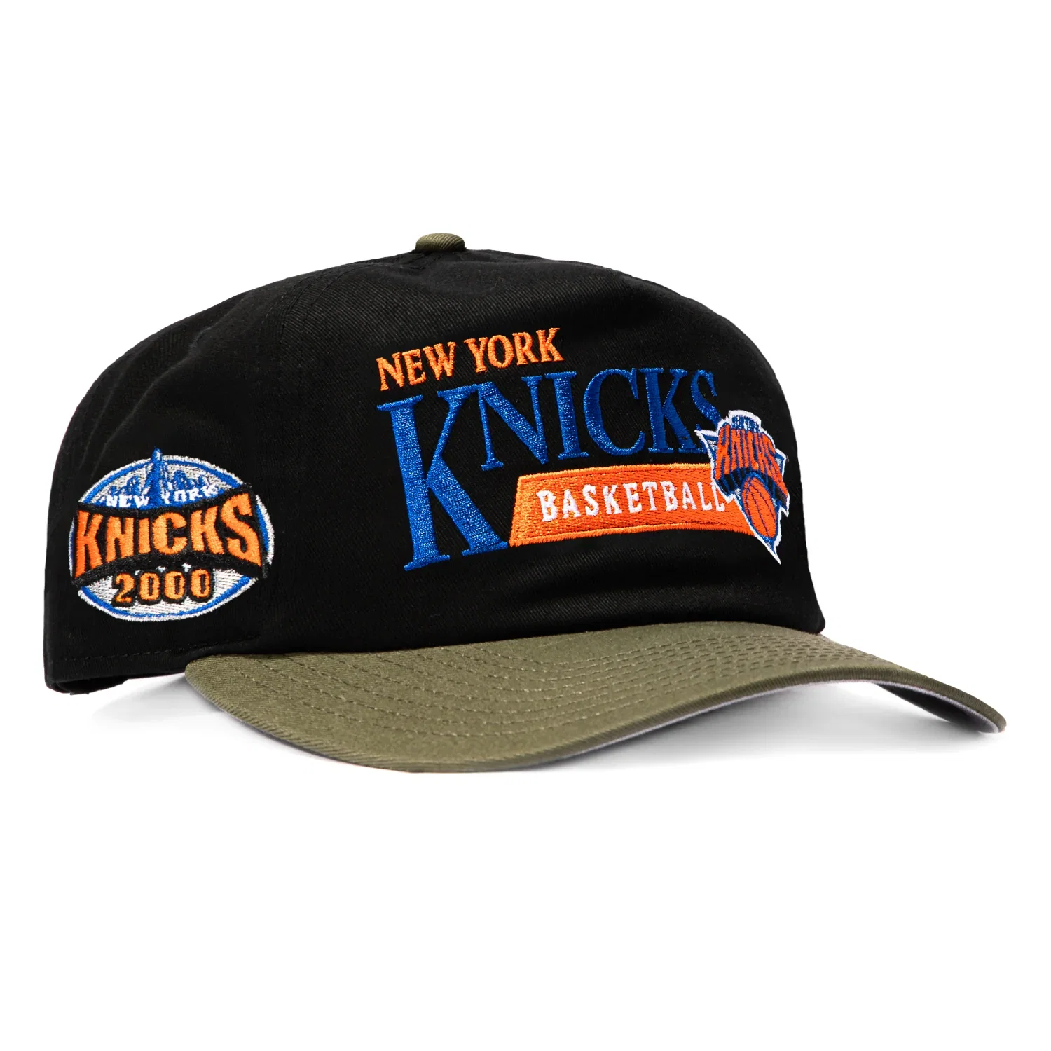 Image of Pre-Order New Era 19Twenty New York Knicks 2000 Patch Vintage Word Snapback Pre-Curved Hat - Black, Green
