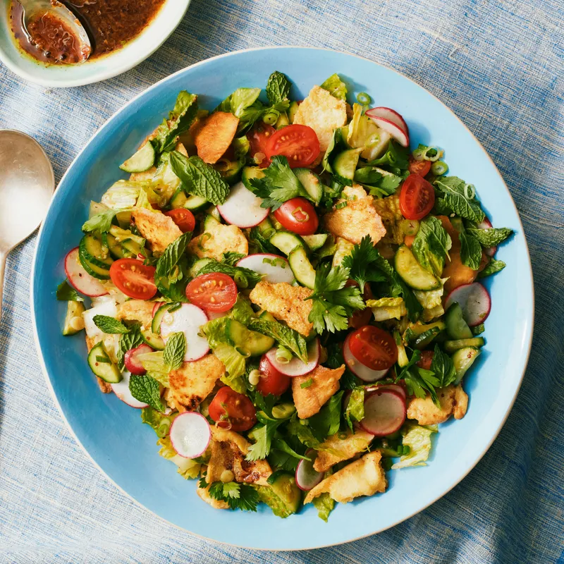 A large serving bowl of fattoush with shards of toasted pita, cherry tomatoes, cucumbers, sliced radishes, romaine, and herbs with a sidecar of sumac-pomegranate dressing.