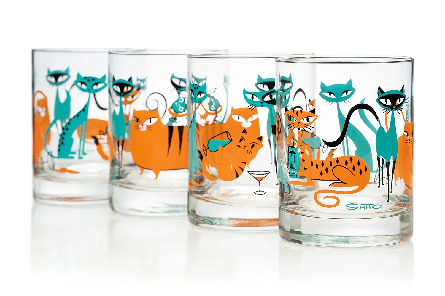 Image of “Kitty Cocktail Party” Old Fashioned Glass Set | Turquoise & Orange Design