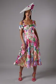 Lisa Tan Printed Organza Bardot Midi Dress