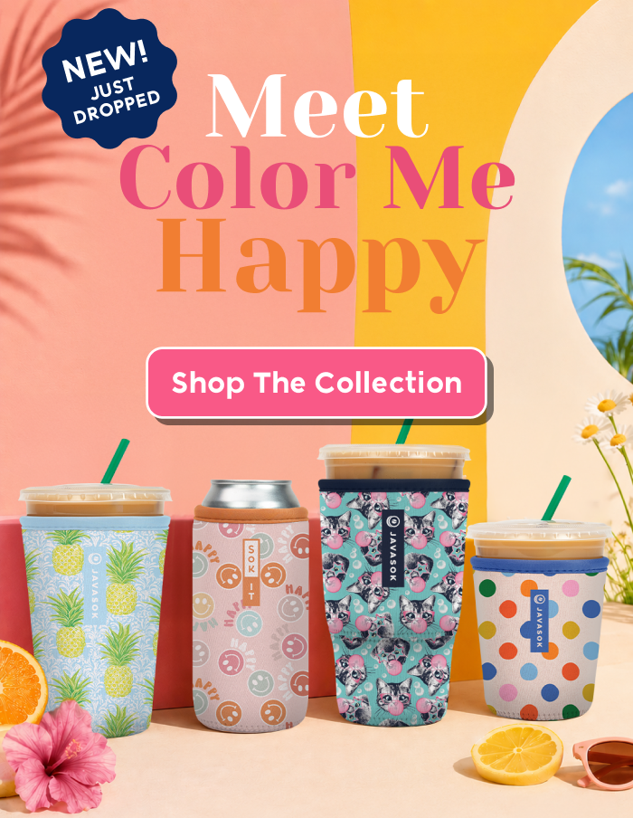 Colorful tumblers and can coolers from the Color Me Happy collection.