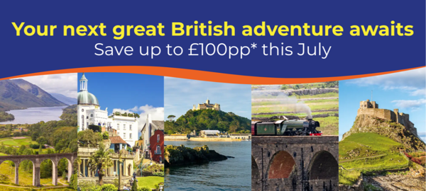 Scenic views of British landscapes, including castles, mountains, and a steam train.