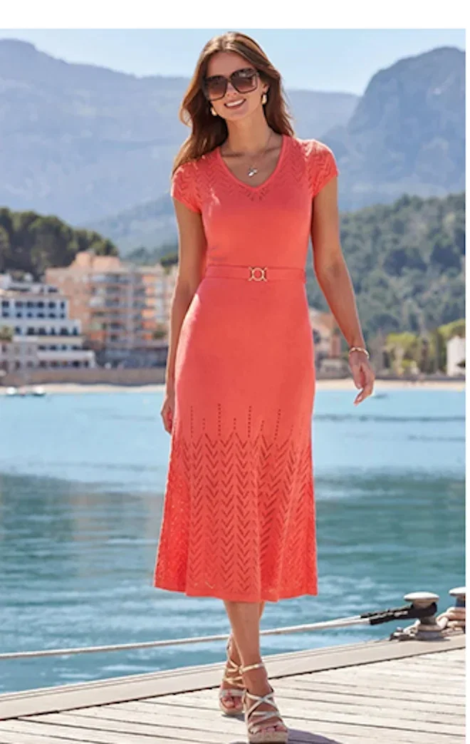 Coral Crochet Fit & Flare Midi Dress