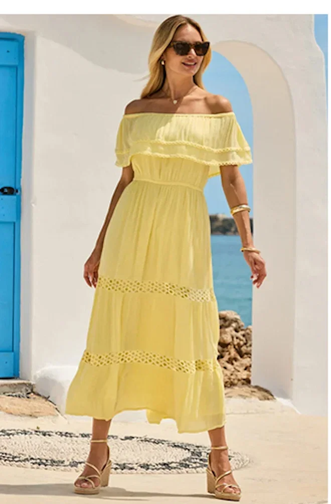 Lemon Yellow Bardot Tiered Lace Trim Dress