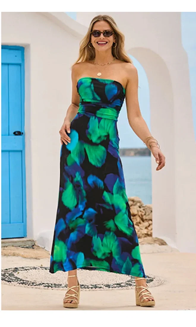 Blue & Green Watercolour Print Bandeau Maxi Dress