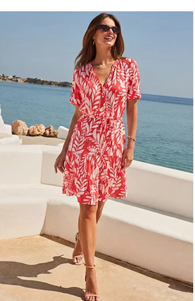 Red Palm Print Tie Waist Dress