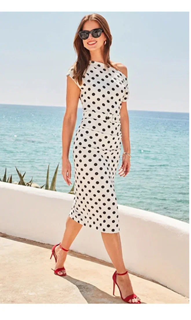 Black & White Polka Dot Print Off The Shoulder Dress