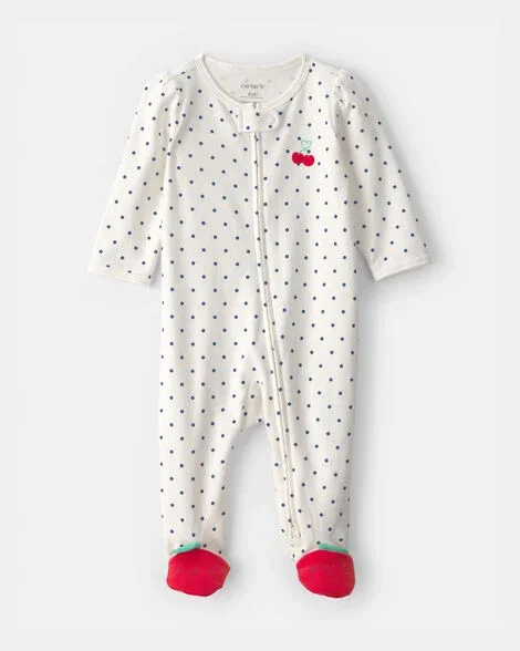 Image of Baby Girl Cherry 2-Way Zip 100% Cotton Sleep & Play Pajama - White