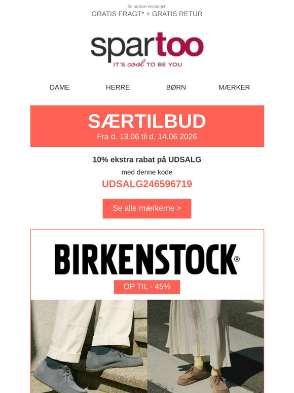 ⏱️ UDSALG: -55% og -10% ekstra på BIRKENSTOCK, Ipanema, Desigual, Sebago, Calvin Klein Jeans, Vero Moda, So Size, Love Moschino og Coach: tidsbegrænset tilbud med gratis fragt!
