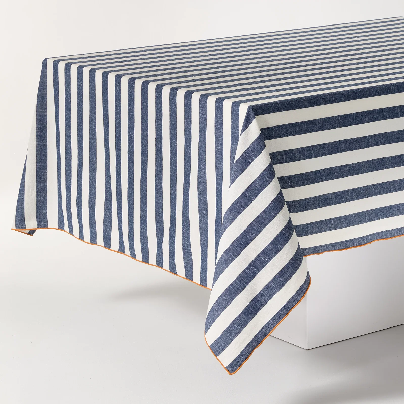 Image of Rockport Navy Blue Stripe Cotton Tablecloth with Orange Trim