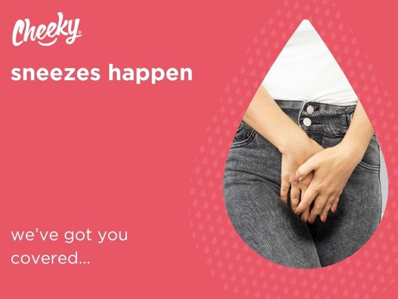 sneeze happen...we've got you covered - image of lady who has pee'd herself a little