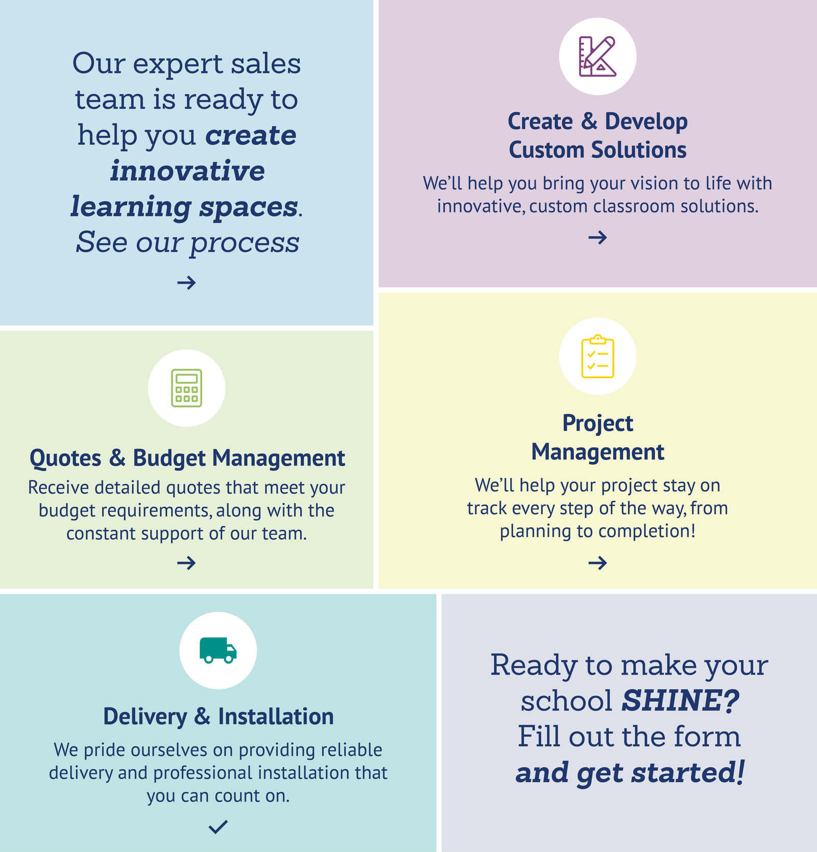 We Can Help With: Creating & Developing Custom Solutions | Quotes & Budget Management | Project Management | Delivery & Installation