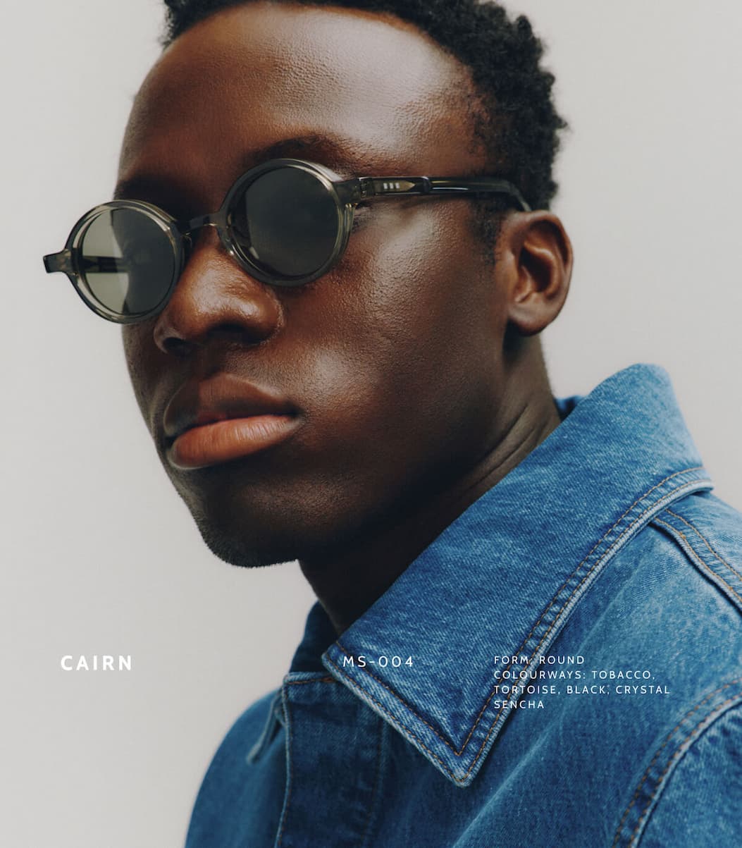 Cairn. MS-004. Form: Round. Colourways: Tobacco, Tortoise, Black, Crystal Sencha.