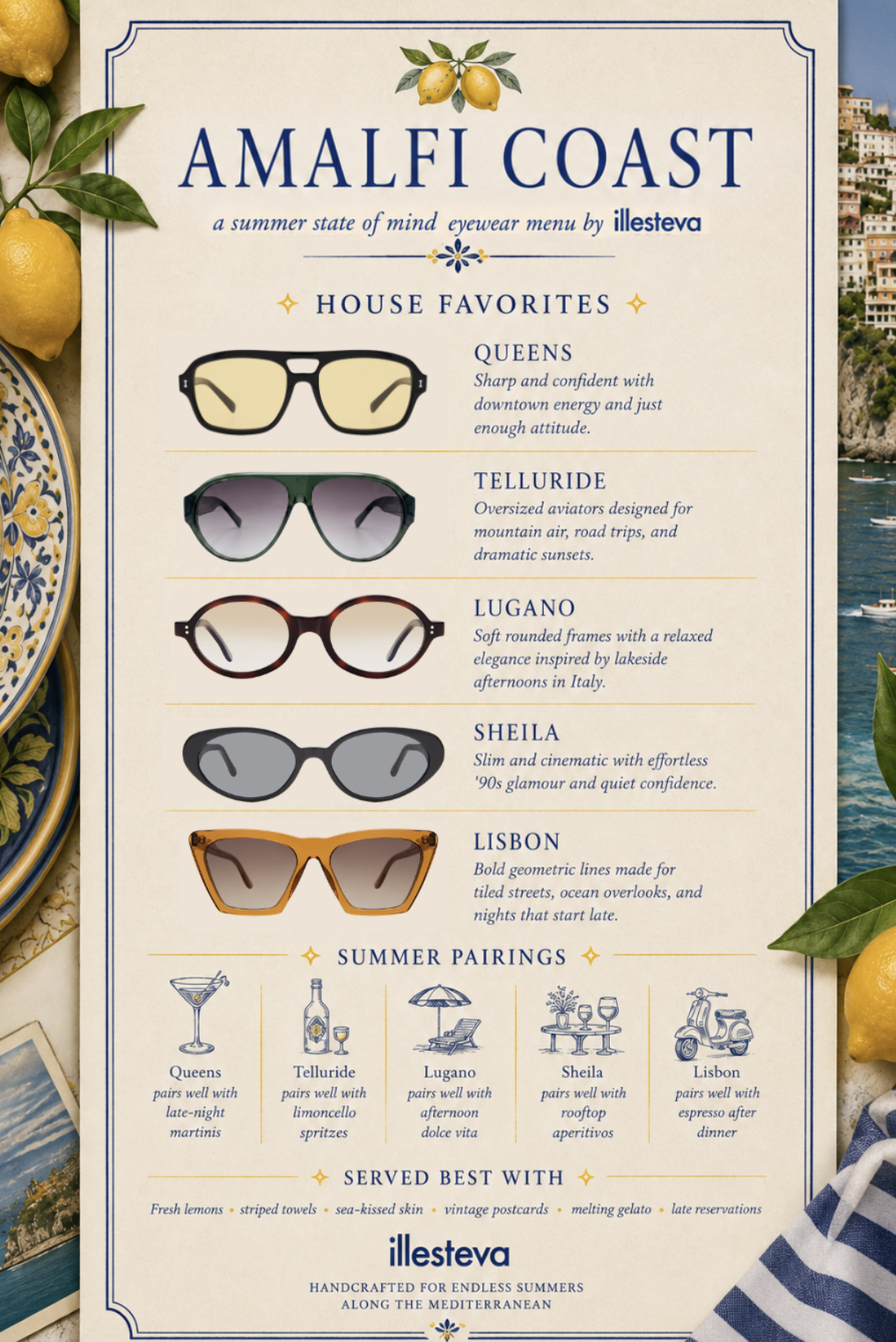 The Amalfi Coast eyewear menu featuring the Queens, Telluride, Lugano, Sheila, and Lisbon