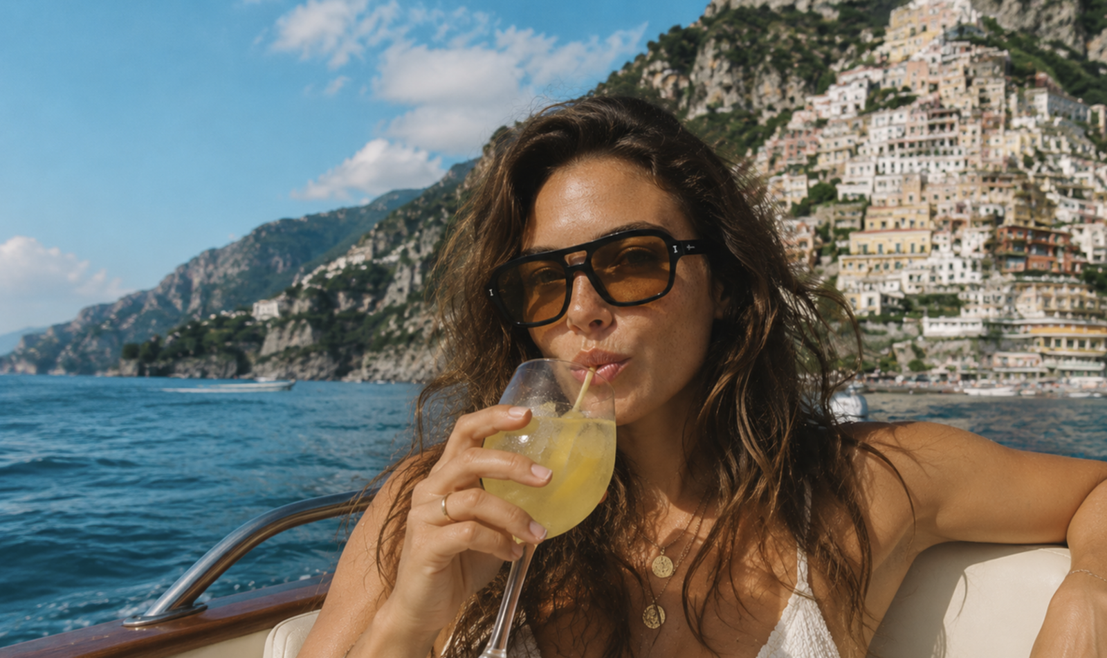 A model on a boat wearing the Queens Sunglasses