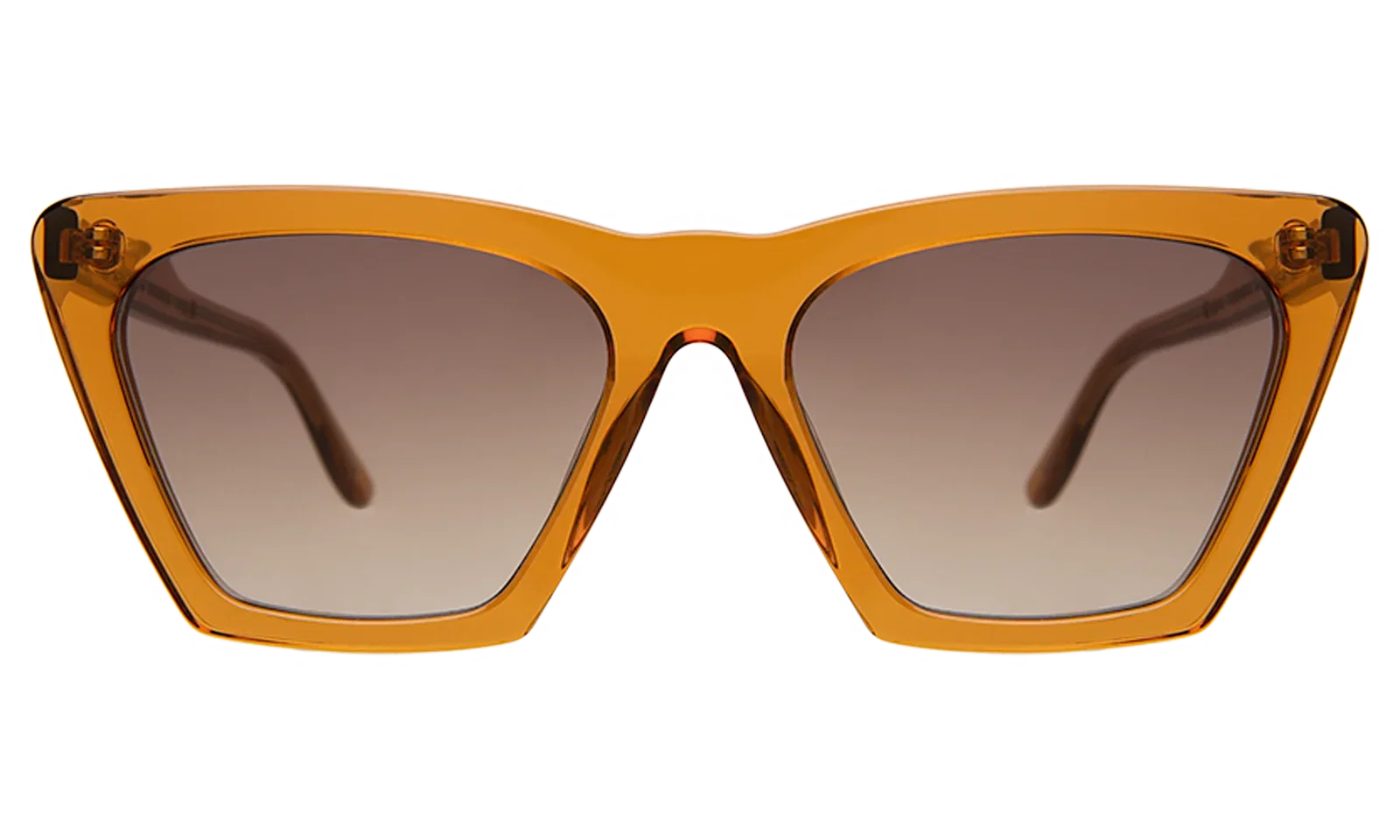 This is a product image of a pair of sharp cat-eye sunglasses in a warm, translucent brown acetate frame. The lenses are dark and provide contrast to the frame's soft, earthy tone. The slight winged shape gives the sunglasses a retro yet modern aesthetic.