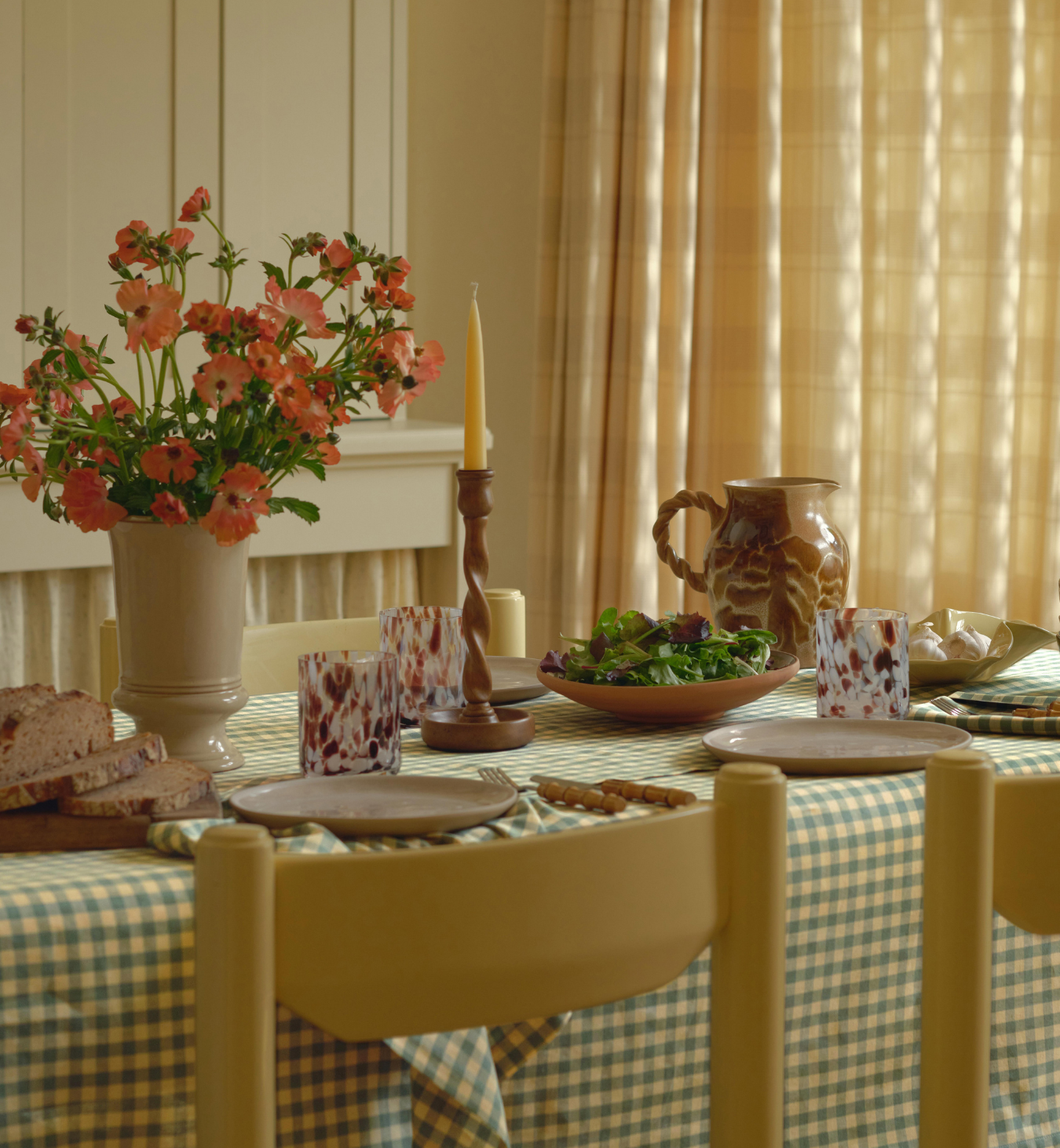 Elm Green & Butter Yellow Gingham Linen Blend Tablecloth
