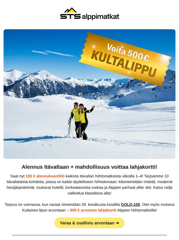KULTALIPPU – 100 € alennus Itävaltaan + mahdollisuus voittaa lahjakortti! 🎿🌟