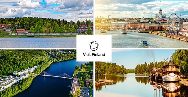 Bild-Collage mit Logo von Visit Finnland: Zug in Finnland an See, Blick auf Helsinki, Fluss mit Brücke, Boote auf einem See mit Wald.
