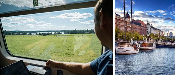 Bild-Collage: Mann sitzt in Zug und schaut aus dem Fenster auf die Landschaft, Häuser in erster Wasserlinie in Helsinki und Boote.