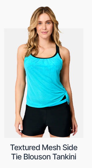women's textured mesh side tie blouson tankini top