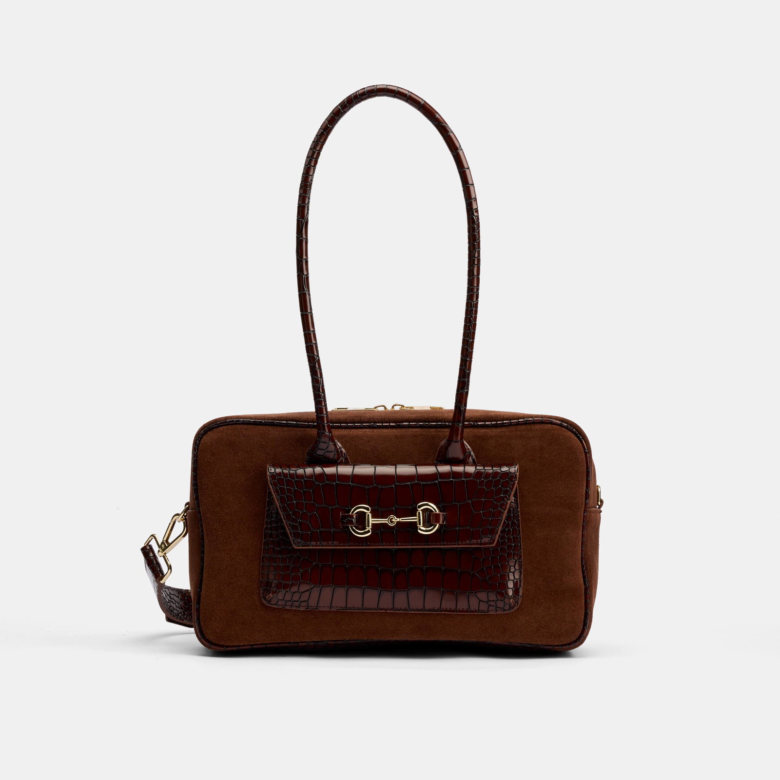 Image of Serena Horsebit Shoulder Bag - Brown Suede & Croc Leather