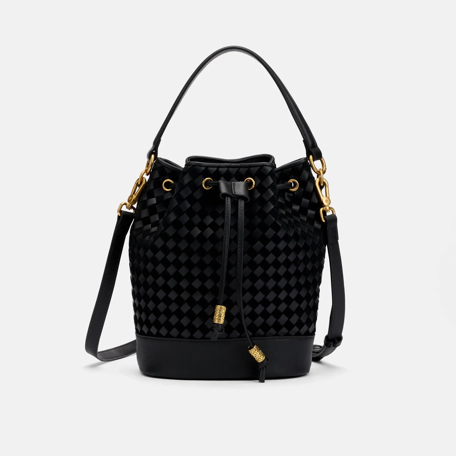 Image of Nora Black Woven Leather Bucket Bag