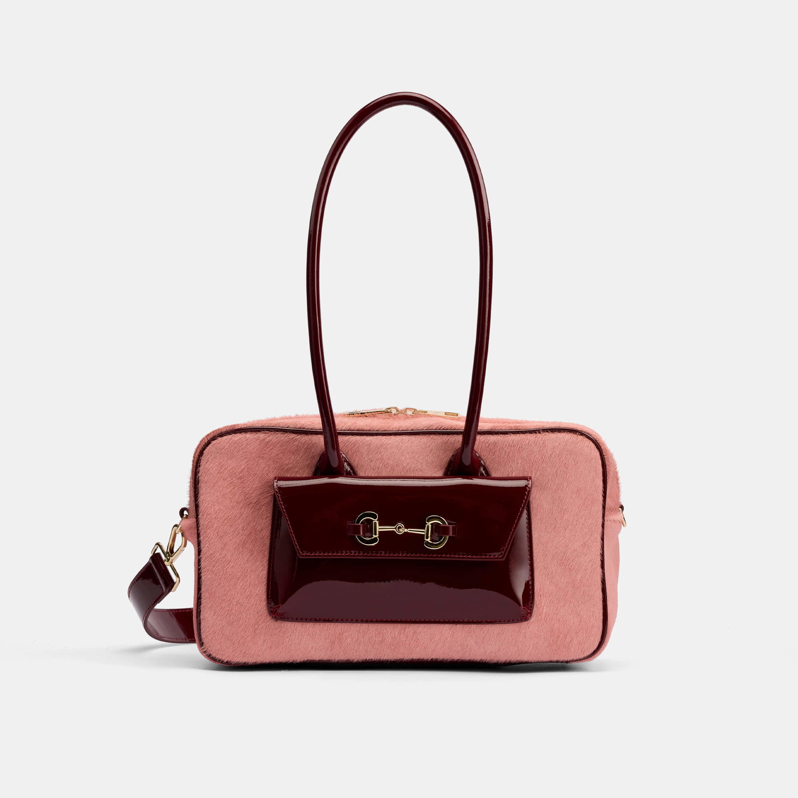 Image of Serena Horsebit Shoulder Bag - Pink Haircalf & Burgundy Patent