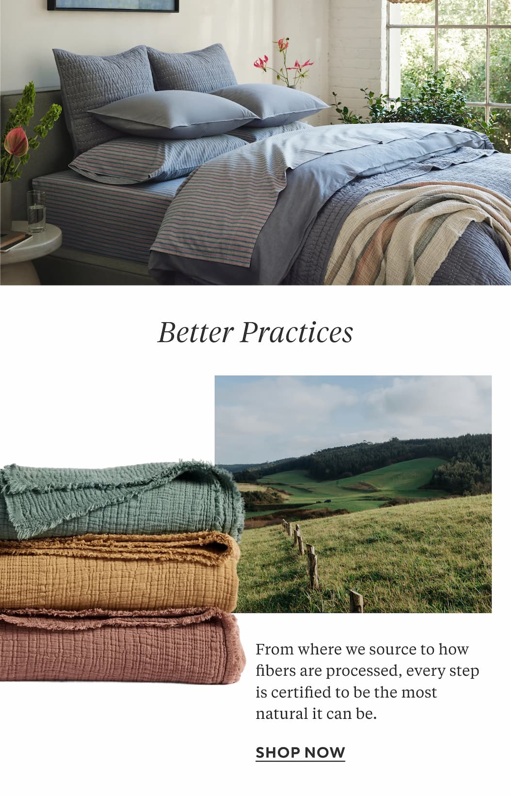 Better Practices From where we source to how fibers are processed, every step is certified to be the most natural it can be. Shop now