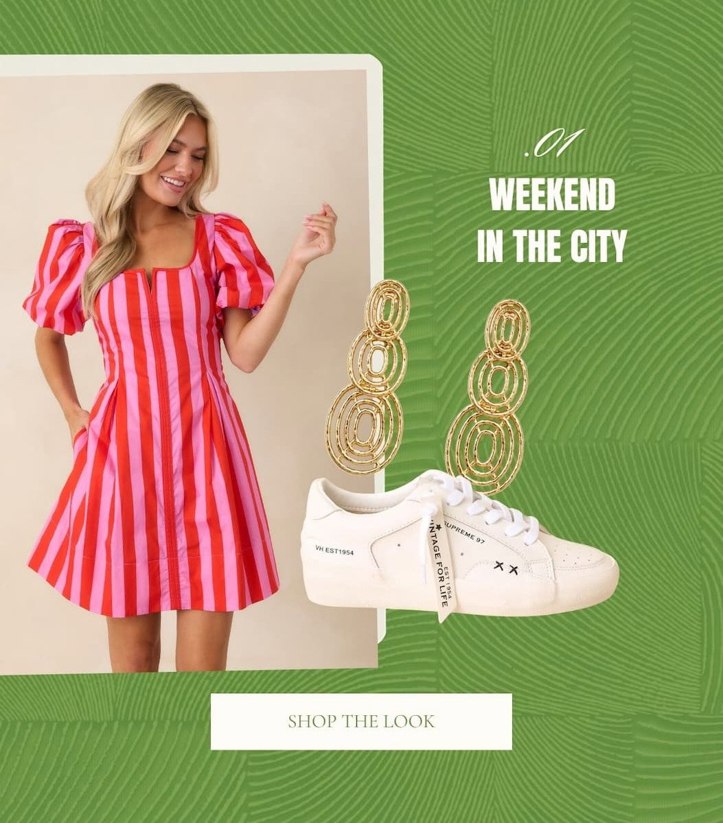 Model wearing a pink and red striped mini dress. 'Weekend in the City. Shop the Look.'