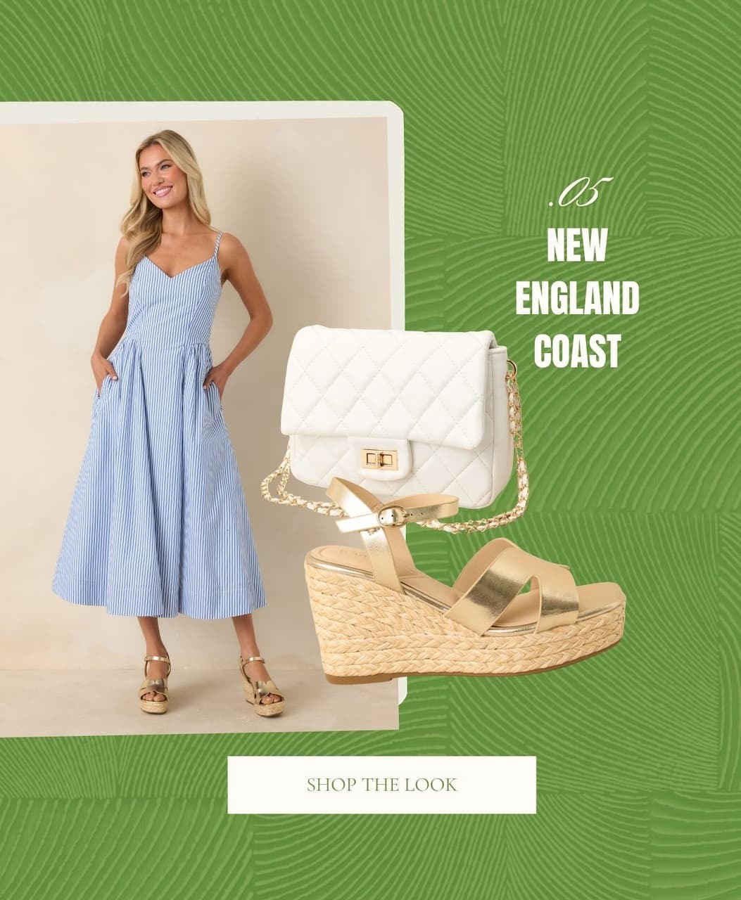 Model wearing a blue striped midi dress. 'New England Coast. Shop the Look.'