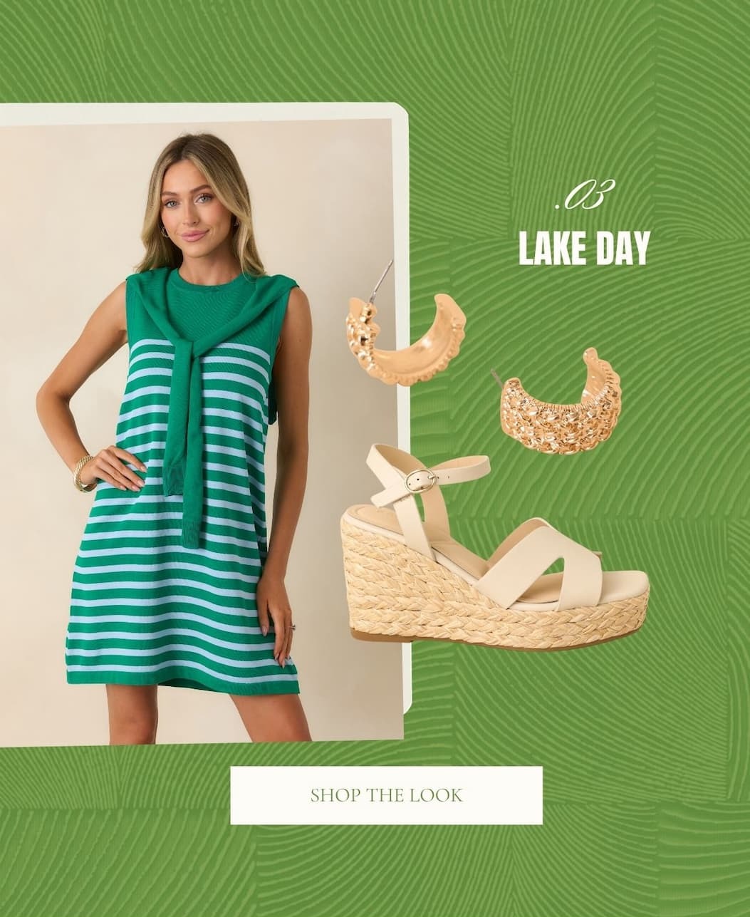 Model wearing a Green & Light Blue Stripe Layered Sweater Mini Dress. 'Lake Day. Shop the Look.'