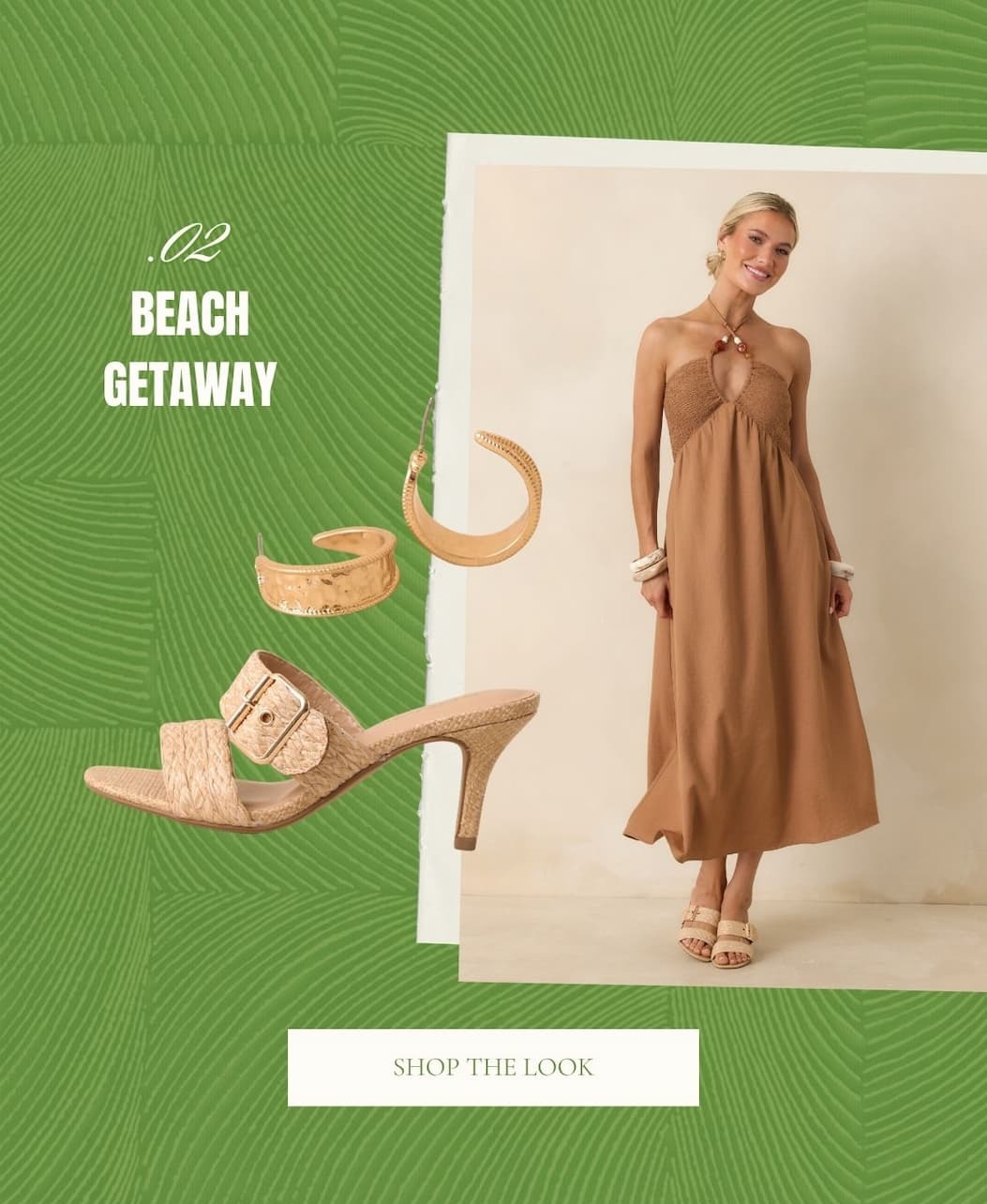 Model wearing a brown Beaded Halter Midi Dress. 'Beach Getaway. Shop the Look.'