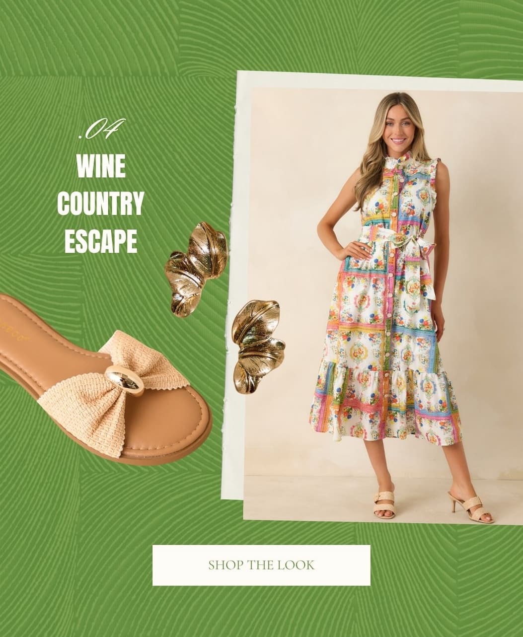 Model wearing a Multi Floral Tile Print Midi Dress. 'Wine Country Escape. Shop the Look.'