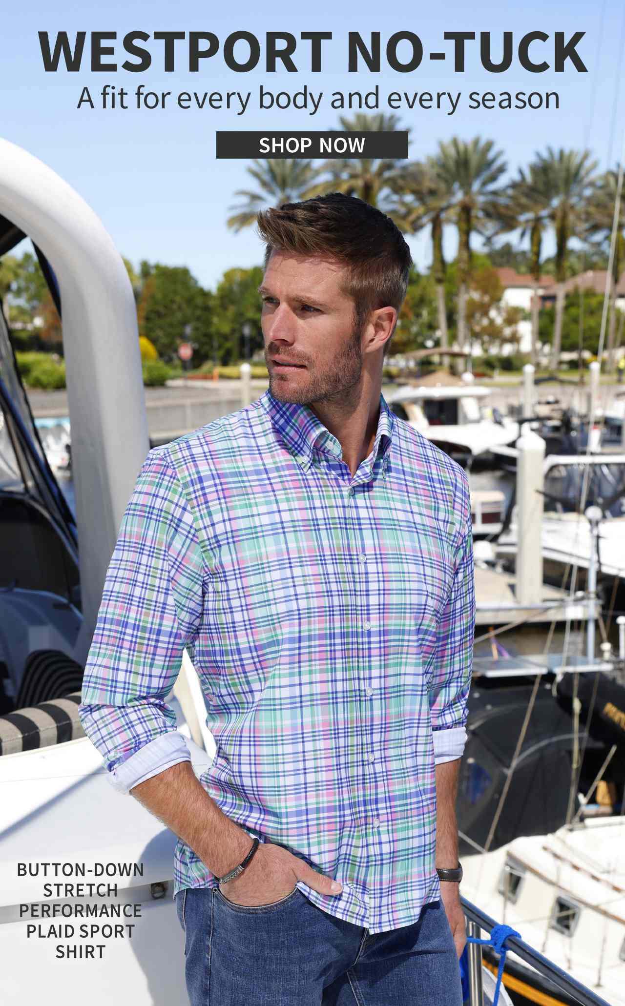 Westport No-Tuck shirts — men wearing untucked button-down shirts in summer outdoor setting