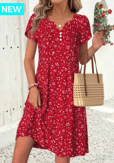 Ditsy Floral Print Tuck Stitch Red Short Dress